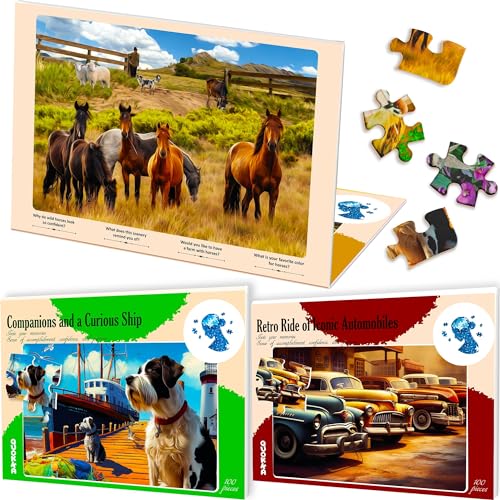 Quokka 100 Stück Demenz Puzzles für ältere Menschen - Großteil Aktivitäten Produkte für Senioren 3 Alzheimer Puzzle-Spiele für Erwachsene Pferde, Hunde und Autos - kognitive Geschenke für Männer von Quokka
