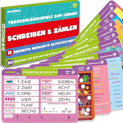 Quokka Buchstaben Und Zahlen Schreiben Lernen - Schwungübungen ab 3 4 5 - | 12 Aufgaben | Trocken abwischbare Marker | - Lernspiele Ab 4 5 6 Jahre - Schreiben Lernen 1-2 Klasse von Quokka