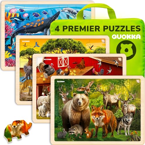 Spielzeug Puzzle ab 3 4 5 Jahre - 4 Set Montessori Holzpuzzle Spiele für Kinder von QUOKKA - Geschenk Kinderspielzeug für Mädchen and Junge ab 6 7 mit Realistische Tiere von Quokka