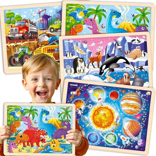 Kinderspielzeug Puzzle ab 3 4 5 Jahre - 4 Set Holzpuzzle Spiele für Kinder von QUOKKA - Geschenk für Mädchen and Junge ab 6 7 mit Dino von Quokka