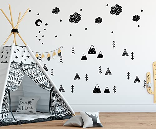 QuoteMyWall 50 schwarze skandinavische Wandaufkleber für Kinderzimmer, Kinderzimmer, Scandi, Wanddekoration, Bäume, Berge, Wolken, Sterne, Tipis, Kinderzimmer, Jungen, Mädchen, abnehmbares Vinyl QuoteMyWall 50 schwarze skandinavische Wandaufkleber für Kinderzimmer, Kinderzimmer, Scandi, Wanddekoration, Bäume, Berge, Wolken, Sterne, Tipis, Kinderzimmer, Jungen, Mädchen, abnehmbares Vinyl von QuoteMyWall