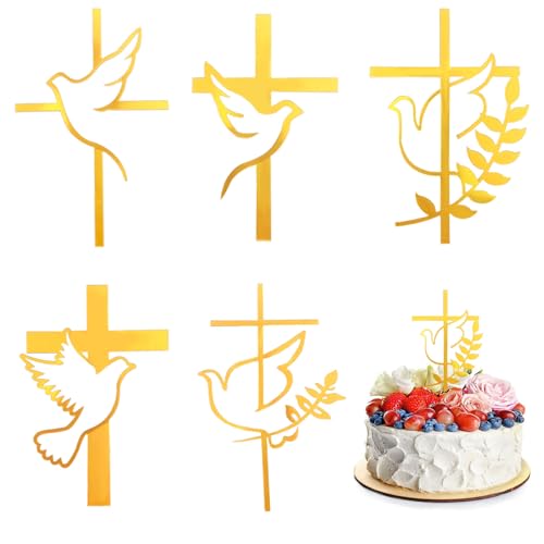 5 Stück Kreuz-Kuchenaufsätze, Tauben-Kuchenaufsatz, Acryl, Kreuz, Cupcake-Topper mit Taubengold, Kuchenanhänger, Dekoration für Geburtstag, Hochzeit von Qusmeiyici