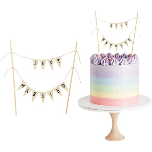 Just Married-Flaggen-Banner, Kuchendekoration, handgefertigte Wimpelflaggen mit Holz, für Hochzeit, Brautparty, Party, Kuchenzubehör von Qusmeiyici