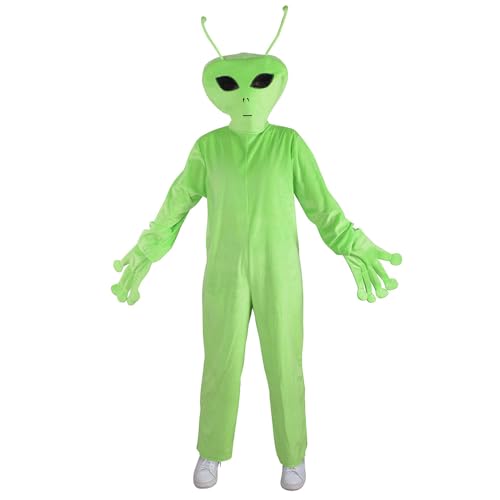 Alien Kostüm Erwachsene Jumpsuit Grün Alien Bodysuit mit Kopfbedeckung und Handschuhen Komplettset Halloween Cosplay Auftrittsoutfits von Qusunx