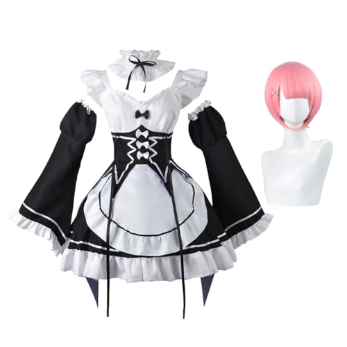 Qusunx Re:Zero Rem/Ram Cosplay Kostüm Anime Maid Dress Outfit mit Perücke Full Set Halloween Lolita Fancy Dress für Frauen Mädchen von Qusunx