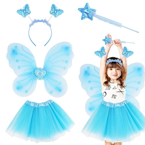 Quxvena Fee Prinzessin Tutu Kostüm Set Schmetterling Kostüm Set mit Kleid Flügel Zauberstab Und Stirnband Geschenke für Kinder Halloween Dress Up Party Liefert Gefälligkeiten von Quxvena