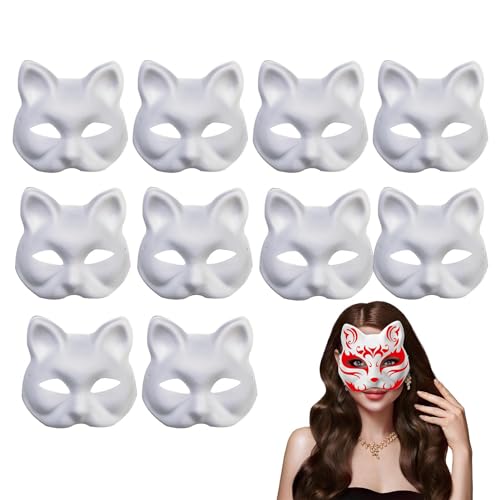 Quzente 10 Stück DIY Weiße Katzenmasken, Weiße Papiermaske Katzengesicht Pappmaché Blanko Handbemalt Persönlichkeitsmasken Für Halloween Karneval Partygeschenke von Quzente