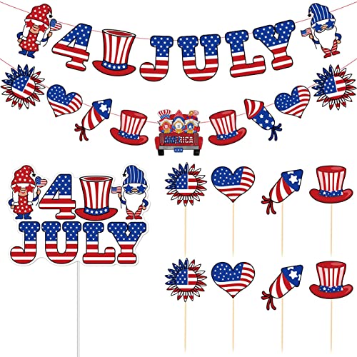 Quzente 4. Juli Banner und Topper,4. Juli Banner Cake Topper - US-Wimpelkette, Banner mit amerikanischer Flagge - Dekorationen zum 4. Juli, Banner und Kuchenaufsätze, Wimpelkette mit amerikanischer von Quzente