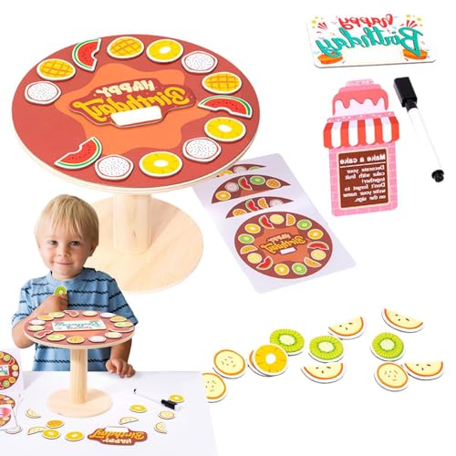 Quzente Kuchenspielzeug für Kinder,Kuchenspielzeug - Obst-Magnet-Aufkleber-Geburtstagskuchen-Set,Holzständer und Obstaufkleberspiel, magnetische Geburtstagskuchenaufkleber für Kinder, Mädchen und von Quzente