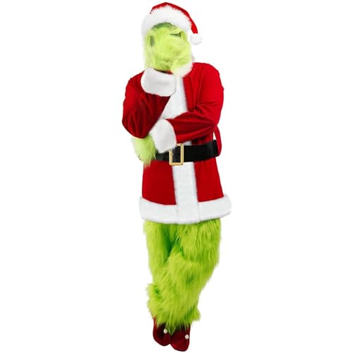QwayHome Grünes Weihnachtsmonster-Kostüm für Erwachsene, 7-teilig, Deluxe, grüner Weihnachtsmann, Cosplay, Pelzanzug mit Maske für Männer und Frauen, Mehrere Farben, L-X-Large von QwayHome