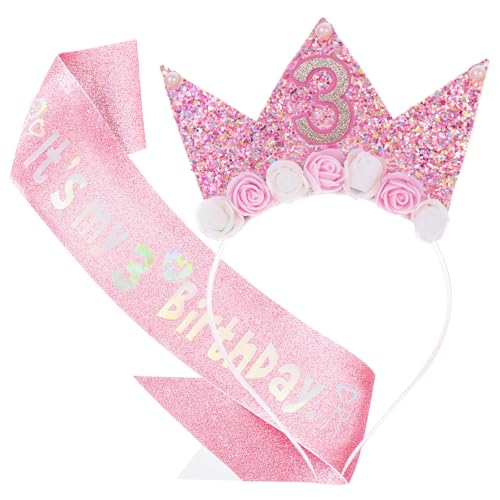 Qwrqwr Geburtstagsdekorationen für Mädchen, rosa Stirnband und Glitzer-Schärpe, Partyzubehör, Mädchen-Ideen, Geschenk (3. Geburtstag, Rosa, Einheitsgröße) von Qwrqwr