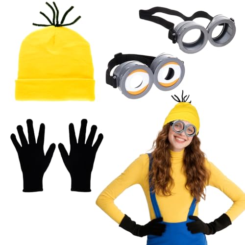 Qwrqwr Gelbes Menschen-Kostüm mit Steampunk-Brille, Beanie, Strickmütze und schwarzen Handschuhen, Set mit gelben Crew-Kostümen, für Halloween, Party, Cosplay, Zubehör Qwrqwr Gelbes Menschen-Kostüm mit Steampunk-Brille, Beanie, Strickmütze und schwarzen Handschuhen, Set mit gelben Crew-Kostümen, für Halloween, Party, Cosplay, Zubehör von Qwrqwr