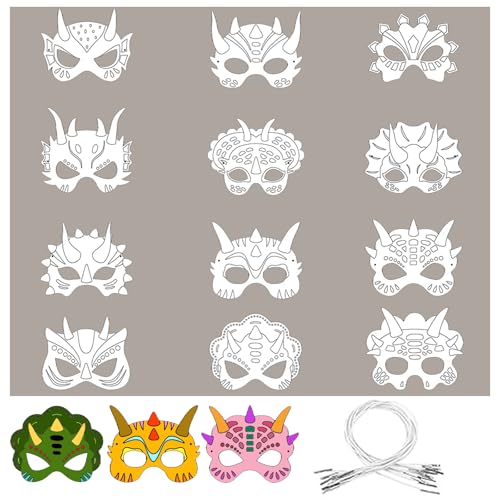 Qwrqwr Tiermasken Bemalen Kinder Sicher Blanko Masken mit 12 Stück Schmetterling DesignsGesichtsmaske zum Selbst Gestalten für Kinderparty Spiele Bastelset Kindergeburtstag (Dino) von Qwrqwr