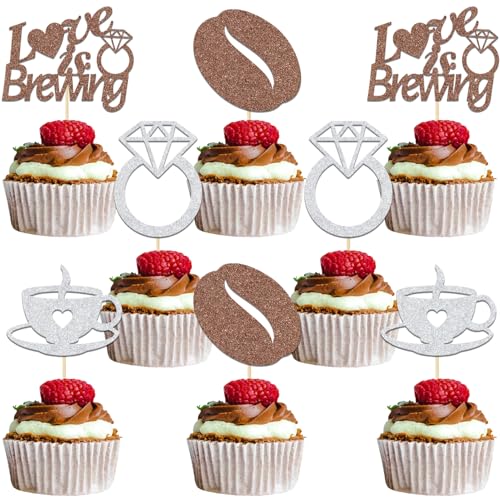 Cupcake-Topper, Aufschrift "Love Is Brewing", für Kaffee, Brautparty, Kaffee, Junggesellinnenabschied, Verlobung, Hochzeit, Party, Dekoration, Braun, Silber, Glitzer, 24 Stück von Qxcv