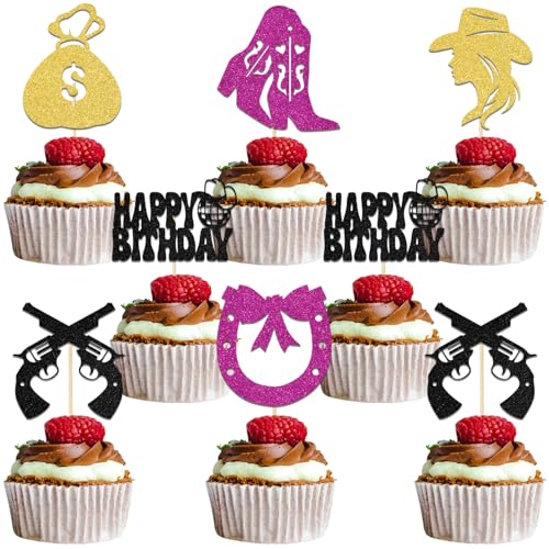 Cupcake-Topper, Cowgirl-Motiv, Motiv: Cowgirl, Babyparty, Dekoration, Western-Rodeo, Geburtstag, Junggesellinnenabschied, Dekoration, Rosa, Rot, Schwarz, Gold, Glitzer, 24 Stück von Qxcv