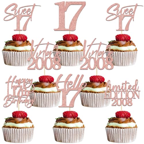 Cupcake-Topper "Happy 17th Birthday", Kuchendekoration, 17 Jahre, Party-Dekoration, Tanzende Königin, 17 Jahre, Partyzubehör, Roségold, Glitzer, 24 Stück von Qxcv