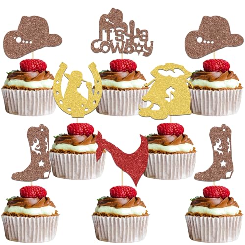 Cupcake-Topper mit Aufschrift "It's a Cowboy" für Babyparty, Western-Rodeo, erster Geburtstag, Party, Dekoration, Braun, Rot, Gold, Glitzer, 24 Stück von Qxcv