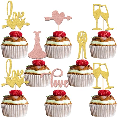 Cupcake-Topper mit Hochzeitsmotiv, für Hochzeit, Cupcake-Topper, Braut und Bräutigam, He Asked She Said Yes Verlobung, Brautparty, Partyzubehör, Gold, Roségold, Glitzer, 24 Stück von Qxcv