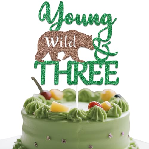 Young Wild & Three Cake Topper Happy 3rd Birthday Tortendeko Dschungel 3. Geburtstag Deko Grün Braun Glitzer von Qxcv