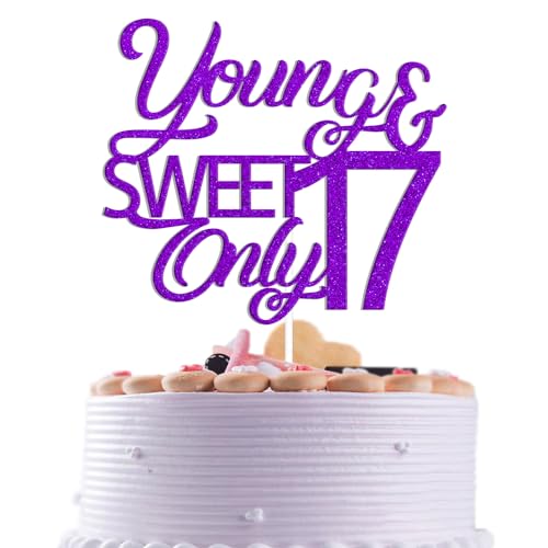 Party-Dekoration für Mädchen und Jungen, 17 Jahre alt, 17 Jahre, Jahrestag, Party-Dekorationen, Young & Sweet Only 17, Kuchendekoration, violetter Glitzer Party-Dekoration für Mädchen und Jungen, 17 Jahre alt, 17 Jahre, Jahrestag, Party-Dekorationen, Young & Sweet Only 17, Kuchendekoration, violetter Glitzer von Qxcv