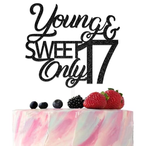 Young & Sweet Only 17 Cake Topper Happy 17th Birthday Cake Decorations Funny 17 Years Old Party Decoration Black Glitter von Qxcv