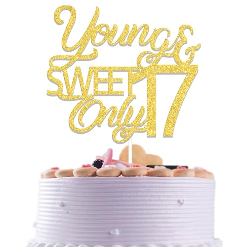 Hello 17 Cake Topper Young & Sweet Only 17 Cake Topper Cheer 17 Years Old Party Dekoration Happy 17th Birthday Tortendeko Gold Glitzer von Qxcv