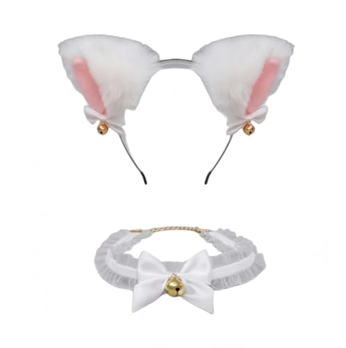 Katzenohren Haarreif, Cat Ears Stirnband Glöckchen Halskette， Katze Cosplay Set， Haarschmuck, Kopfschmuck, Karneval，Katzenohren Haarschmuck für Frauen Mädchen Cosplay Kostümfest Schwarz(Weiß) (weiß) von Qyjhska