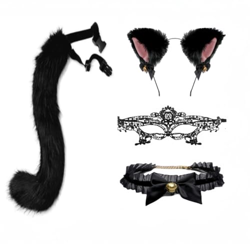 Katzenohren Haarreif, Cat Ears Stirnband Glöckchen Halskette， Katze Cosplay Set， Haarschmuck, Kopfschmuck, Karneval，Katzenohren Haarschmuck für Frauen Mädchen Cosplay Kostümfest Schwarz(Weiß) (4pack) von Qyjhska