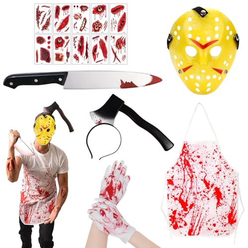 16-teiliges Halloween-Kostüm-Set für Herren, Erwachsene und Teenager, Kleidergröße, Metzger-Mörder, blutige Axt, Maske, Handschuhe, Messer und Narben-Tattoo, 6 Aufkleber, gruselige Partys und von Qylazune