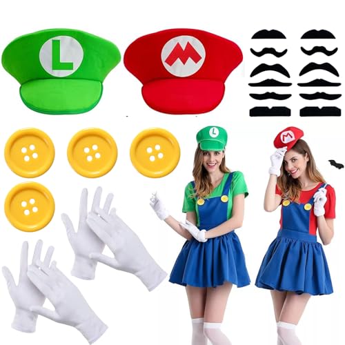 20-teiliges Halloween-Kostüm-Zubehör-Set mit roten und grünen Brüdern, inklusive roten und grünen Hüten, weißen Handschuhen, Schnurrbärten und gelben Knöpfen, für die Spiel-Themengruppe, Cosplay oder von Qylazune