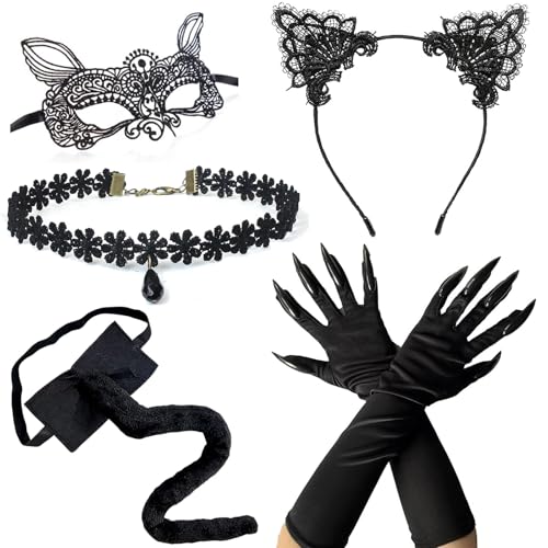 5-teiliges Halloween-Kostüm, schwarze Katze, Damen-Zubehör-Set enthält Spitzen-Katzenohrmaske, Spitzenohr-Stirnband, Gothic-Halsband, lange Krallenhandschuhe und Plüschschwanz für Damen, Cosplay, die von Qylazune