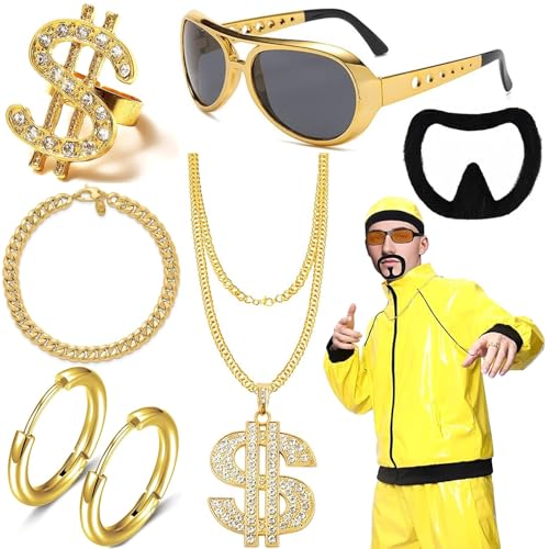 6-teiliges Halloween-Kostüm-Hip-Hop-Rapper-Zubehör-Set, gefälschte Golddollar-Kette, Bling-Ring, Sonnenbrille, goldene Creolen, klobige Halskette und falscher Bart Hip Hop, Rapper, oder von Qylazune