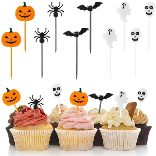 60 Stück Halloween-Kuchendekorationen Party Cupcake Picks Kürbis, Geist, Fledermaus und Spinne Themen-Essens-Topper für Cupcakes, Snacks, Bento, Obst und Kuchen Dekoration Kinder Halloween Partys von Qylazune