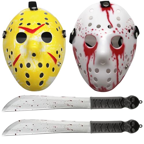 Halloween-Kostüm-Set, 2 blutige Macheten-Requisiten und gruselige Hockey-Killer-Masken, Killer-Zubehör für Teenager, Spukhaus, Freitag, Cosplay, Maskerade und Halloween-Party-Dekoration von Qylazune