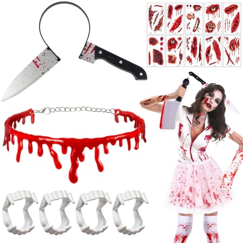 Qylazune 16pcs Halloween Kostüm Zubehör Set Party Horror Look mit einem blutigen Messer Stirnband, Fake Dripping Blood Choker, Narben Tattoos 10 Blatt und 4 Paar Vampirzähne Gruselige Cosplay Zombie von Qylazune