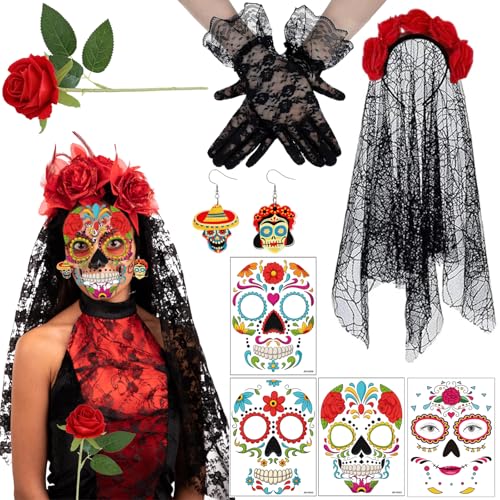 Qylazune Day of the Dead Kostüm Zubehör Set - Floral Stirnband mit Schleier und Gesicht Tattoos, Sugar Skull Makeup Kit für Frauen, Dia de Los Muertos Halloween Party Enthält Schwarze Rose und von Qylazune