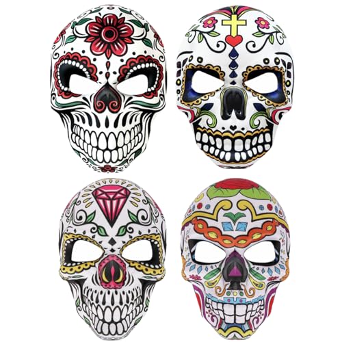 Qylazune Tag der Toten Maske Set 4 Stück Sugar Skull Vollgesichtsmasken für Halloween und mexikanische Festivals, lebendige Calavera Gesichtsbedeckungen für Frauen und Männer, Día de los Muertos von Qylazune