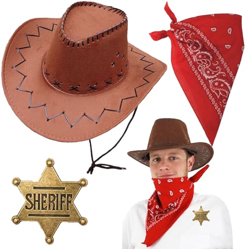 Qylazune Western Cowboy Kostüm Accessoires Set - 3-teiliges Premium Faux Suede Hut + Paisley Bandana + Sheriff Badge Kit für Männer & Frauen von Qylazune