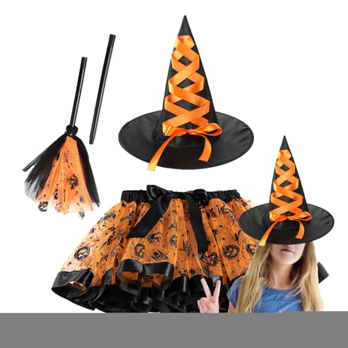 Qyljeiwred Hexenkostüm für Kinder, Outfit mit Hut und Besen, Hexen-Tutu-Rock, Rollenspiel-Requisiten für Halloween, Karneval, Rollenspiele von Qyljeiwred