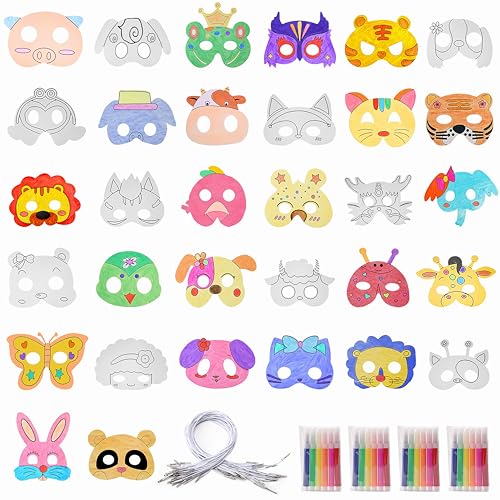 Qzakce Tiermasken für Kinder Blanko DIY Masken zum Ausmalen mit Elastischem Seil für Kindergeburtstag Halloween Weihnachten Thema Party Carnival 32 Stück von Qzakce