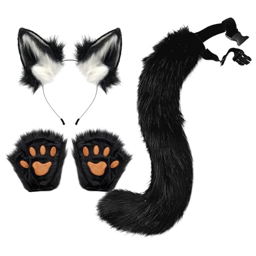 Qzeanxy Fuchsschwanz Kunstpelz Flauschige Katze Wolf Plüsch Maske Halloween Party Kostüm furry mask Pfote Handschuhe Cosplay Set für Damen therian tail von Qzeanxy