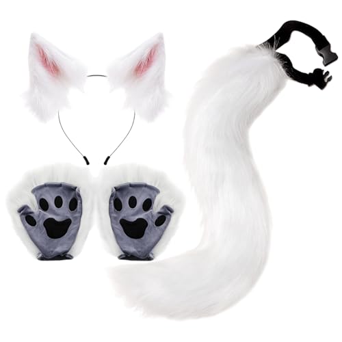 Qzeanxy Fuchsschwanz Kunstpelz Flauschige Katze Wolf Plüsch Maske Halloween Party Kostüm furry mask Pfote Handschuhe Cosplay Set für Damen therian tail von Qzeanxy
