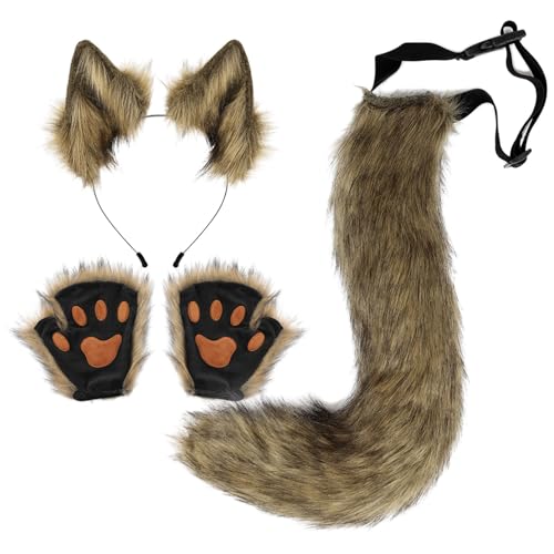 Qzeanxy Fuchsschwanz Kunstpelz Flauschige Katze Wolf Plüsch Maske Halloween Party Kostüm furry mask Pfote Handschuhe Cosplay Set für Damen therian tail von Qzeanxy