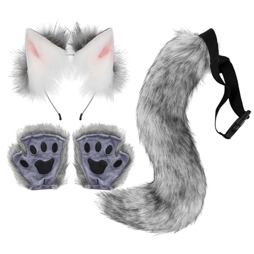 Qzeanxy Fuchsschwanz Kunstpelz Flauschige Katze Wolf Plüsch Maske Halloween Party Kostüm furry mask Pfote Handschuhe Cosplay Set für Damen therian tail von Qzeanxy