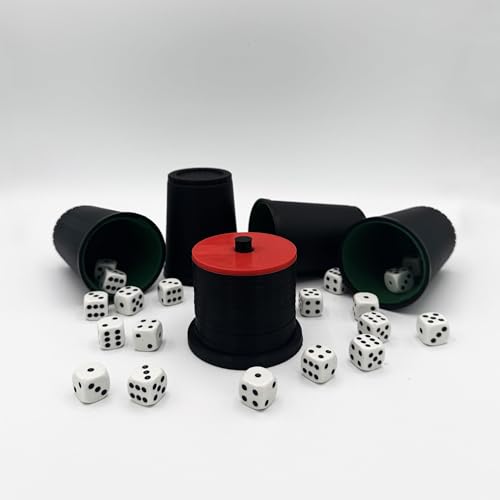 R-Satz Shop Schockbesteck Schocken Set hochwertig - mit 14 Scheiben, optional Würfelbecher, Schockturm, Partyspiel, Kneipenspiel, Meiern, Knobel, Mörkeln, Jule, Maxen (mit 4X Würfelbecher) von R-Satz Shop