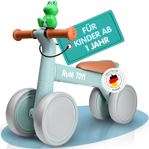 Rum Toys® Laufrad ab 1 Jahr mit Frosch-Hupe - Lauflernrad für Kinder von 1-2 Jahre [max. 25 kg] - Baby Fahrrad mit 4 Breiten Rädern & ohne Pedale [für Indoor & Outdoor] von R.u.M. Toys