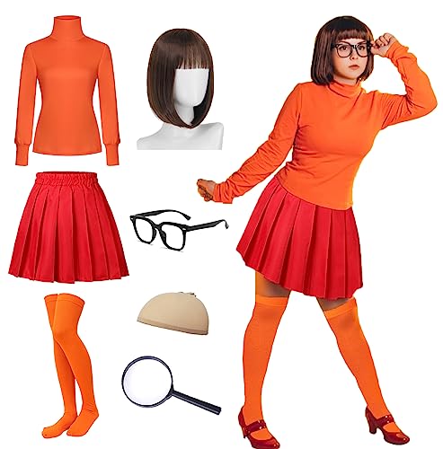 RAAIBB Halloween Velma Kostüm Erwachsene Damen Roter Rock Cosplay Outfit mit Zubehör Bob Perücke Hemd Brille Lupe Socken, Damenkostüm Velma, M von RAAIBB