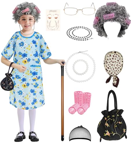 RAAIBB Mädchenkostüm für 100 Schultage, blaues Blumenkleid, komplettes Zubehör, Größe M (6-7 Jahre) von RAAIBB