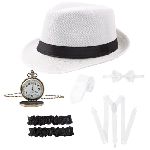 1920er Jahre Accessoires für Herren 20er Jahre Gatsby Gangster Kostüm Zubehör Set Fedora Hut Hosenträger (weiß) von RAINDEWLL