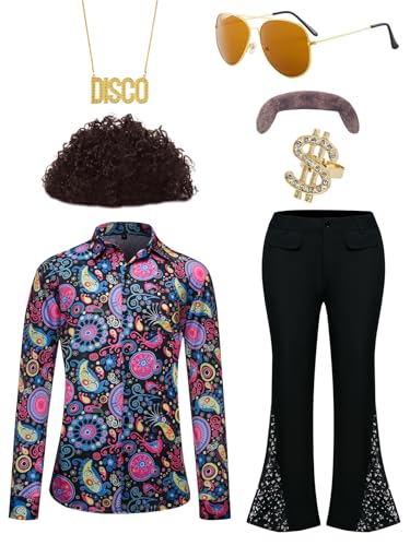RAINDEWLL 70er-Jahre Outfits für Herren, Disco-Kostüm, Hemd, Glockenunterteil, Hose, Afro-Perücke, Sonnenbrille, Disco-Halskette, Ring und Schnurrbart, Größe M RAINDEWLL 70er-Jahre Outfits für Herren, Disco-Kostüm, Hemd, Glockenunterteil, Hose, Afro-Perücke, Sonnenbrille, Disco-Halskette, Ring und Schnurrbart, Größe M von RAINDEWLL